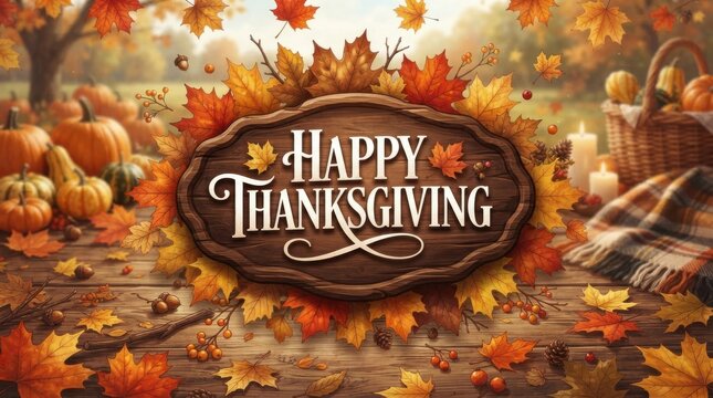 A rustic wooden sign with happy thanksgiving text surrounded by vibrant autumn maple leaves, orange pumpkins, and a wicker basket on a table