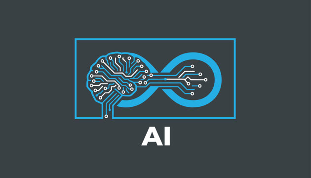 Artificial intelligence AI neural network brain logo inside infinity symbol, on dark grey background template.