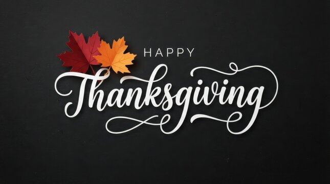 Happy thanksgiving script lettering with two colorful autumn maple leaves on a solid black background, for a festive greeting