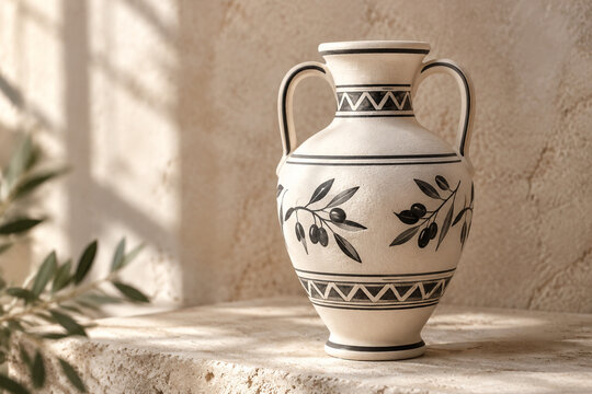 White ceramic amphora with black geometric patterns and olive branch motifs.