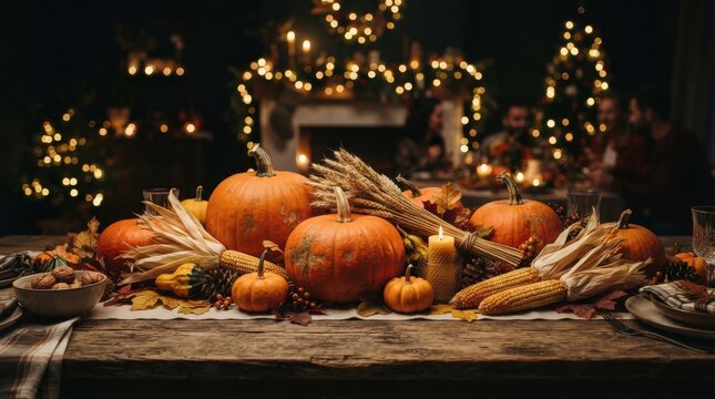 A rustic wooden table set for a festive thanksgiving dinner with orange pumpkins, dried corn, pine cones, and glowing candles in a dark room