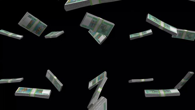 Djibouti Money, Djiboutian Franc Banknotes Falling On Black Background, DJF Currency Stacks Dark Cinematic, 4K