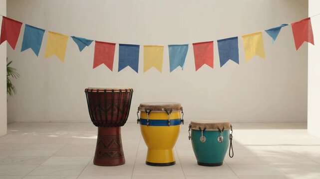 Three Colorful Hand Drums Stand Under Festive Pennants