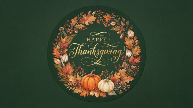A circular wreath of autumn leaves, berries, and pumpkins with golden happy thanksgiving text on a dark green textured background surface