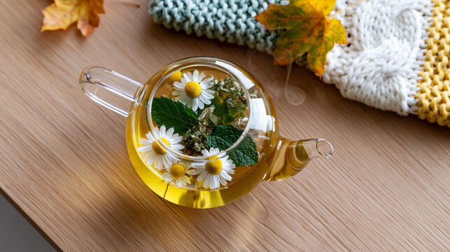 Transparent teapot filled with herbal tea containing chamomile flowers and mint leaves, placed on a wooden table with knitted fabric and autumn leaves nearby