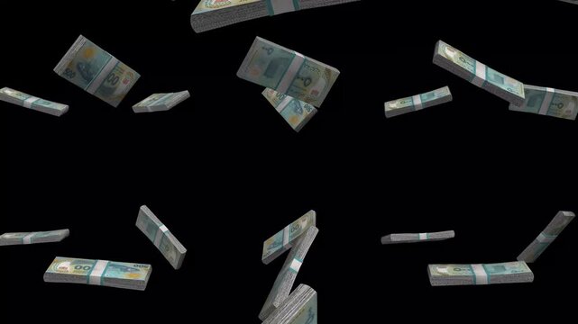 Mauritania Money, Mauritanian Ouguiya Banknotes Falling On Black Background, MRU Currency Stacks Dark Cinematic, 4K