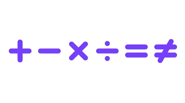 Set of purple math symbols plus minus multiply divide equal and not equal