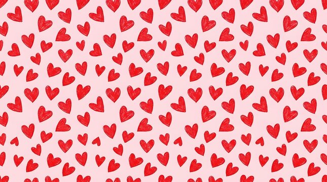 Seamless pattern with hand drawn red watercolor hearts on a soft light pink paper background texture