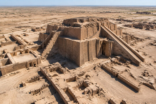 Aerial view of ancient Mesopotamian ziggurat ruins under harsh sunlight.