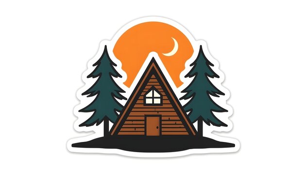 A flat vector sticker design of a retro A-frame cabin nestled between three stylized pine trees