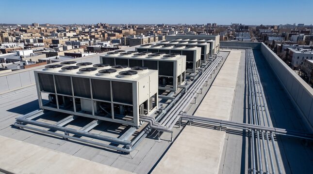 Data Center Rooftop Cooling Units In A Straight Row On Steel Dunnage Above A Low Rise City District Under Clear Blue Sky