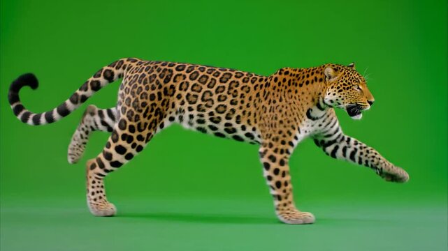 Fast running leopard big cat in continuous motion isolated on a chroma key green screen.