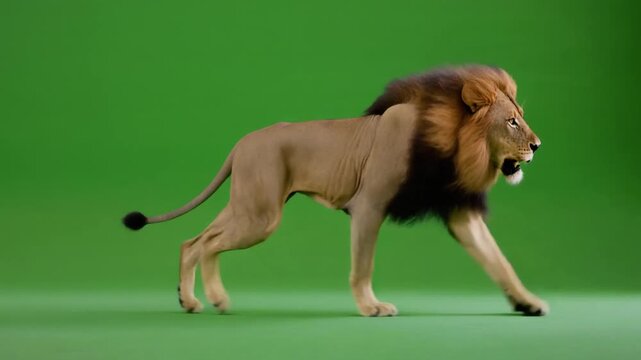 Wild male lion with a thick mane in continuous running motion isolated on a chroma key green screen.