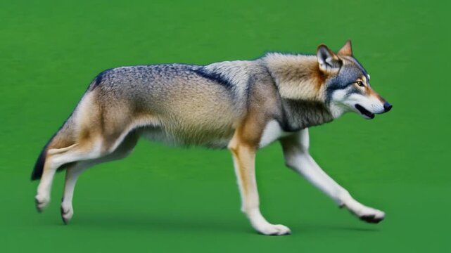 Realistic gray wolf running isolated on a green screen background for chroma key compositing.