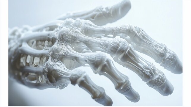 Close-up of a detailed 3D-printed model of a human hand skeleton.