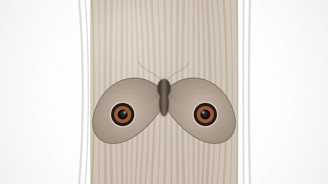 Minimalist vector illustration of a brown moth with large eyespots sitting on a wooden board