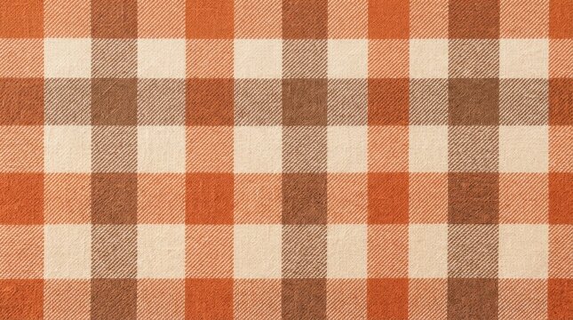 Classic plaid fabric texture with a repeating checkered pattern in shades of orange, brown, and cream for autumn textile