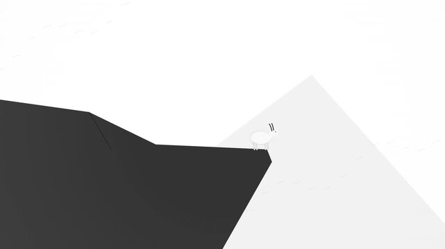 Conceptual 3D illustration of a white toilet on the edge of a dark geometric cliff, symbolizing solitude and isolation in a stark abstract void