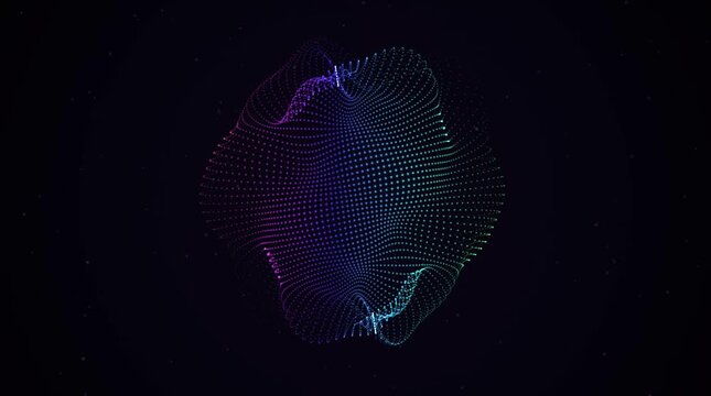 Abstract digital particle sphere with glowing neon gradient colors
