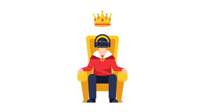 Man Wearing VR Goggles Sitting on Golden Throne with Floating Crown, Virtual Reality Gaming King Concept Illustration