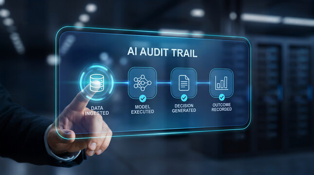 Algorithmic transparency and artificial intelligence audit trail concept showing a digital compliance interface in a secure server room