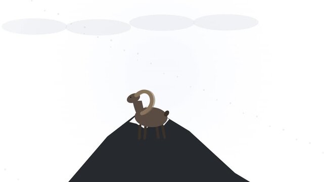 Minimalist wild mountain goat standing on top of a rocky peak under clouds