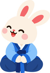 파란 한복을 입고 앉아 있는 귀여운 토끼 캐릭터 © 레몬레