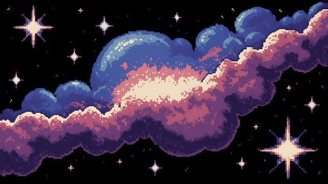 Pixelated amazing huge nebula and glowing stars in universe. Panoramic deep space scene background in vintage pixel art style with dithering effect for 8-bit retro videogame. Vector illustration 
