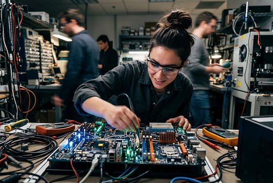 Female Engineer Working on Circuit Board in Electronics Laboratory.