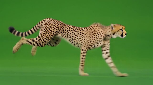 Running cheetah big cat in continuous motion isolated on a chroma key green screen.