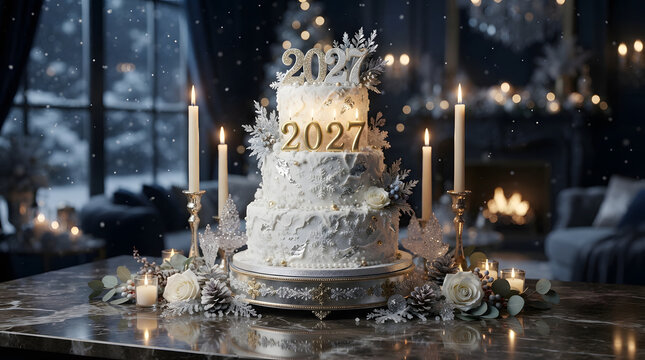 White frosted tiered cake with snowy winter holiday toppers in a festive room interior, perfect for winter celebration themes.