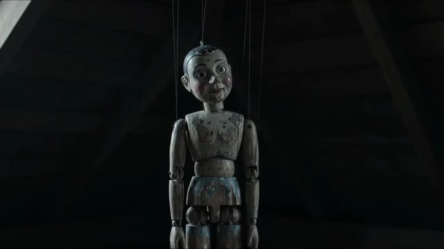 Creepy Vintage Wooden Marionette Puppet Tilting Head in Dark Room