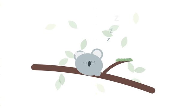 Cute and sleepy koala illustration peacefully napping on a sturdy tree branch with light green leaves gently drifting, capturing a serene moment of wildlife slumber