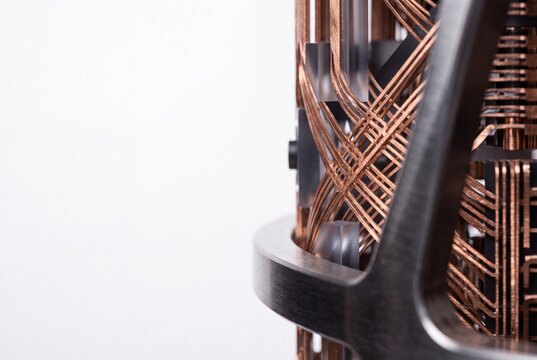 Detailed Macro View of Quantum Computer Hardware Components Showing Intricate Copper Wiring and Precision Engineering on White Background