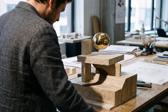 Male architect examining a stone architectural model with a suspended golden sphere in a bright design studio