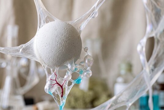 Abstract scientific model of a biological cell or neuron with translucent membrane and vessels against a laboratory background
