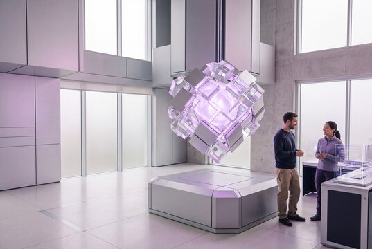 Two scientists discussing research near a glowing futuristic geometric core in a modern high tech laboratory