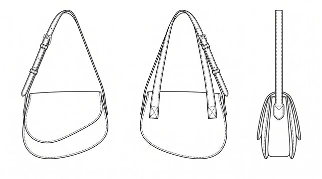 Asymmetrical Flap Shoulder Bag Fashion Technical Sketch Illustration