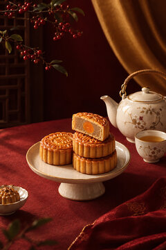 Traditional baked mooncake with egg cake on red table