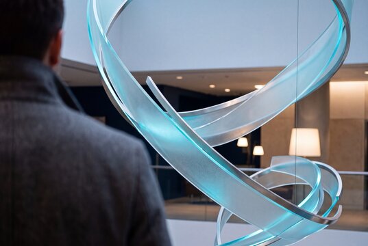 Man admiring a modern illuminated spiral glass sculpture suspended in a contemporary architectural interior