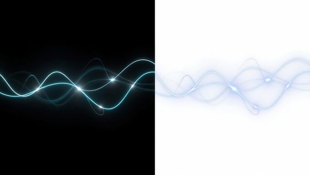 Abstract glowing blue light waves isolated on black and white backgrounds. Dynamic energy flow lines for modern technology and motion graphics.