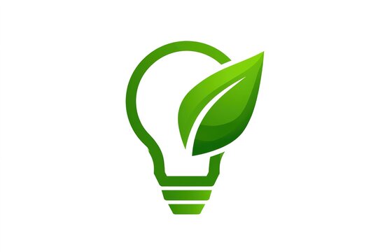 Green lightbulb silhouette icon integrated with vibrant leaf for renewable energy brand identity.
