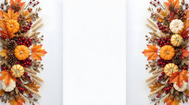 Autumn harvest border with pumpkins and colorful fall leaves on a white background with copy space