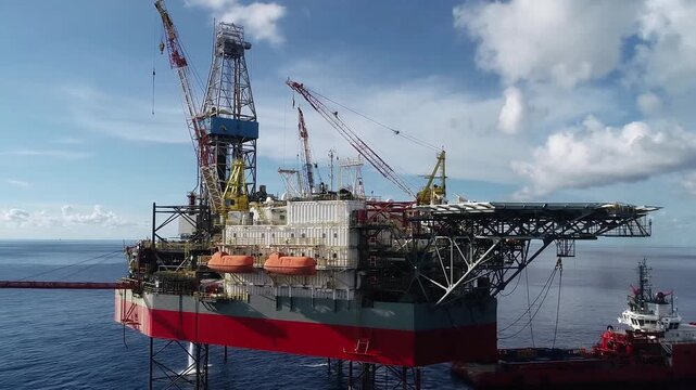 Offshore oil platform with towering cranes, scaffolding, and walkways rising above calm sea under bright sky, showing large industrial maritime engineering