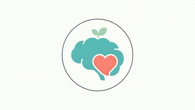 Mental health icon with brain and heart, emotional intelligence concept, mindfulness and psychological wellness logo on white background