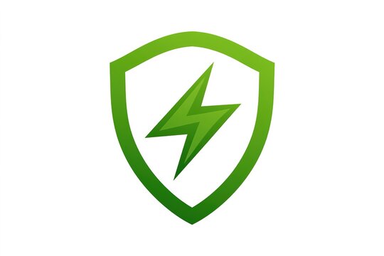 Minimal green security shield vector icon highlighting sharp lightning flash on white canvas.