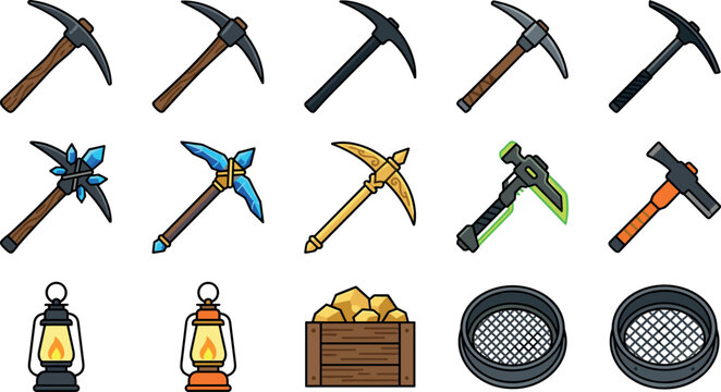 Mining Pickaxes Typology and Fantasy RPG Gold Digging Equipment Vector Set