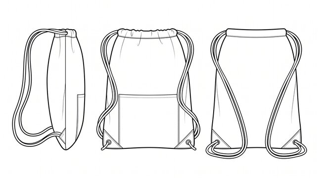 Drawstring Backpack Technical Sketch Template, Front Side and Back Views, Fashion Vector Illustration
