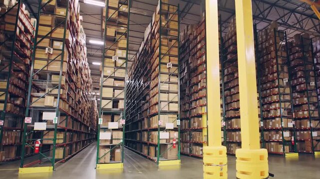 Wide warehouse interior with tall green shelving racks, central aisle, stacked cardboard boxes, and bright yellow safety columns in modern distribution center facility
