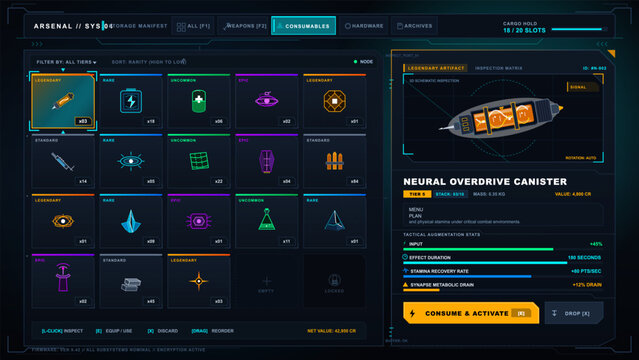 Different types of consumable items are displayed in a gaming inventory screen. Each item shows its rarity, count, and other details. A specific item is selected for activation.